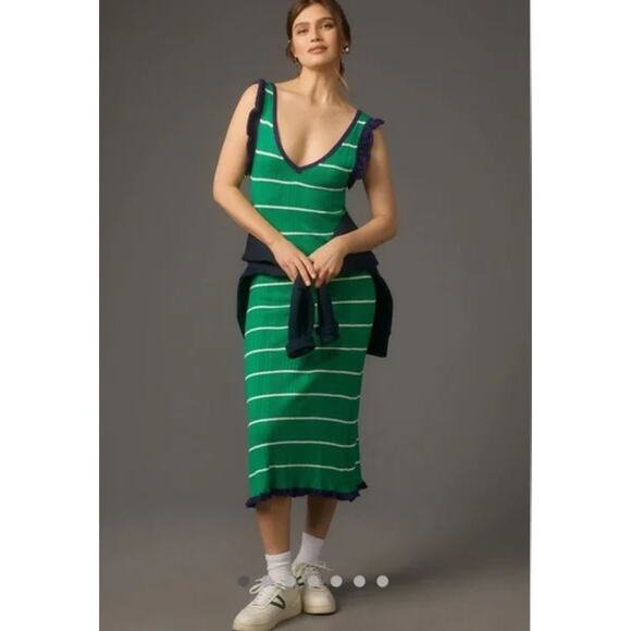Anthropologie Daily Practice Knit Striped Midi Dress Large Kelly Green Preppy - Picture 1 of 15